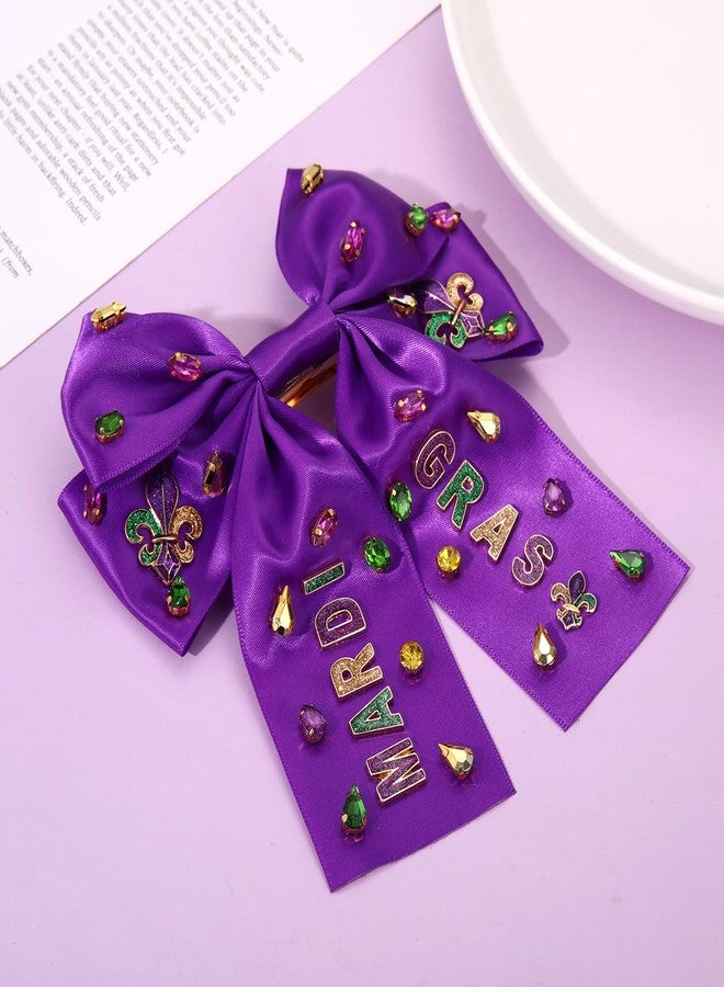 NVENF Mardi Gras Hair Bow Clips for Women Mask Fleur De Lis Hair Bows Jeweled Large Purple Hair Ribbon Bows Carnival Mardi Gras Accessories Outfits Parade Party Favors (Pattern A) - Image 2